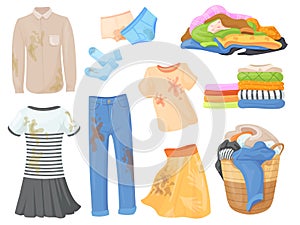 Dirty and clean garment. Clothes with dirt stains, stack untidy apparel pile washing cotton clothing laundry underwear