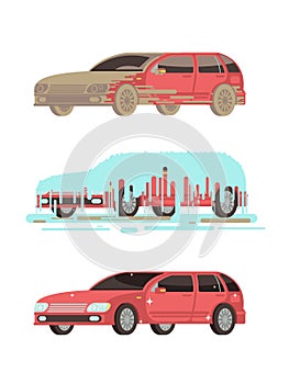 Dirty and clean shine car. Washing stages vector set
