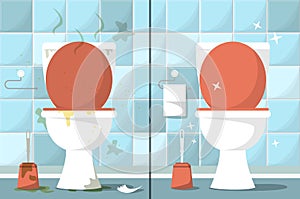 Dirty and clean toilet room vector illustration