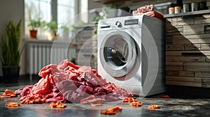 dirty cloth pile with washing machine in laundry