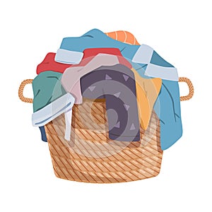 Dirty clothes. Apparel heap with stains in basket, different soiled smelly pile of fabric old shorts, cotton t-shirts