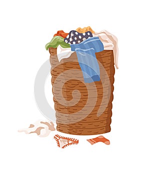 Dirty clothes. Laundry basket filled with smelly clothes. Laundry mud stains on garments. Symbol of unclean mess set