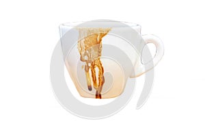 Dirty coffee white mug and Coffee mug stain on wooden plate. with clipping path isolated on white background