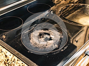 Dirty and Damaged Induction Stove in Kitchen