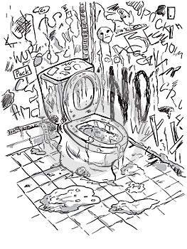Dirty disgusting toilet interior with scribbled walls and stained floors.