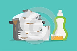 Dirty dishes, pan and dish soap flat design illustration