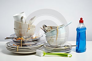 Dirty dishes pile on white background