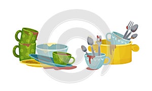 Dirty dishes set. Restaurant or household kitchenware utensils, unwashed plates, mugs and kitchen tools vector