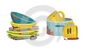 Dirty dishes set. Restaurant or household kitchenware utensils, unwashed plates, mugs and saucepan vector illustration