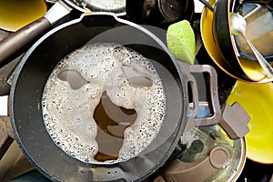 Dirty dishes in sink and foam screaming face