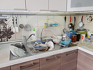 dirty dishes in the sink in the kitchen, lack of water in the water supply and violation of the usual way of life