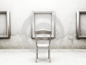 Empty chair in front of some empty picture frame