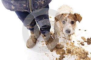 Dirty dog and kid. Guilty jack russell and boy wearing muddy cloth and shoes. Isolated on white background photo