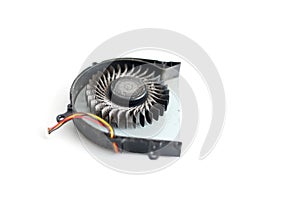 Dirty dust on laptop computer cooling fan on white background. Air vent fan for heatsink cooling system for cpu. Fixing