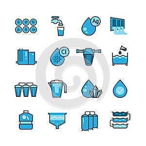 Dirty effluent water treatment plant and water filter for sewage sludge vector icons set