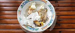 dirty empty plate with tissue and fish bone 02