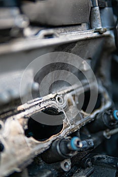 dirty engine Intake car engine Close up manifold ports. Close up of dirty intake manifold ports.