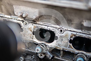 dirty engine Intake car engine Engine cleaning process the intake manifold. Close up manifold ports.