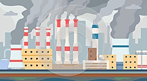 Dirty factory. Air and water polluted by industrial smog. Factories chimney with toxic smoke pollute environment photo