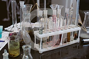 dirty flasks. Chemical laboratory and a shelf with bottles on the background of physical formulas.