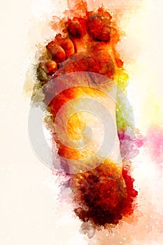 Dirty foot man and softly blurred watercolor background.