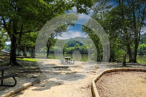 A dirty footpath in the park with a park bench surrounded by lush green trees reflecting off the water of the Chattahoochee river