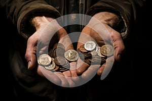 Dirty hands of a beggar man with coins