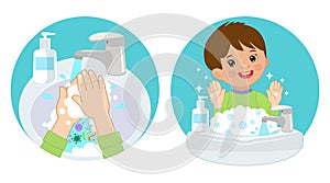 Dirty Hands, Clear Hands, Before And After. Hand Hygiene Vector Icons In The Circle. Wash You Hands Banner For Kids.