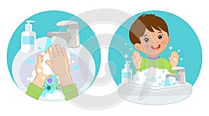 Dirty Hands, Clear Hands, Before And After. Hand Hygiene Vector Icons In The Circle. Wash You Hands Banner For Kids. photo