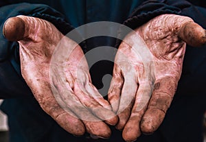 Dirty hands of a man, a working man, a man drained his hands while working, a poor man