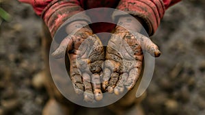 dirty hands of a working poor child, calluses from hard work, against the use of child labor, banner, poster