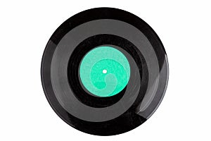 Dirty heavily scratched destroyed vinyl record template, disc with a empty, blank light blue label isolated on white, copy space