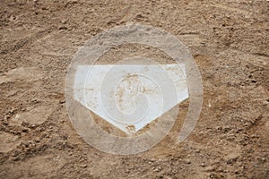 Dirty home plate of a baseball infield viewed from above