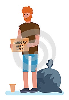 Dirty homeless man holding sign asking for help. cartoon style vector illustration isolated on white background.