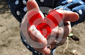 Dirty kids hands holding  handful of soil , tinted red heart, abandoned children concept, concept against child labor exploitation