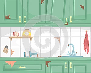 Dirty kitchen interior with wooden cabinets. Dirty sink and dish, broken socket. Flat vector illustration