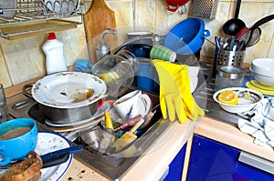 Dirty kitchen unwashed dishes photo