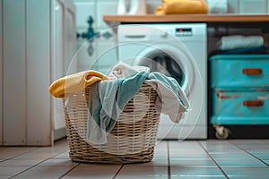 Dirty laundry awaits washing in basket beside laundry machine