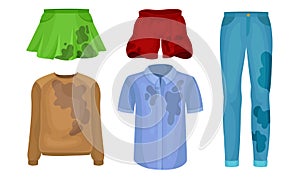 Dirty Laundry or Clothes with Spots of Mud Vector Set