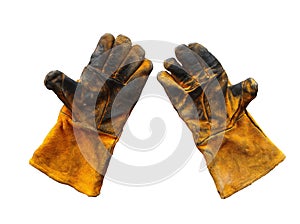 Dirty leather glove after work white background