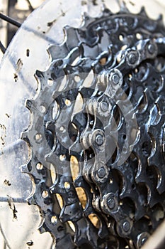 Dirty lubricant grease on bike chain cassette