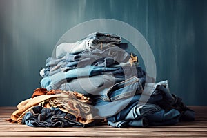 Dirty many store closeup clean blue background denim pile stack pants cloth laundry fabric textile casual