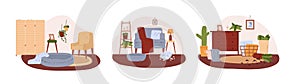 Dirty and messy room interiors collection, flat vector illustration isolated.