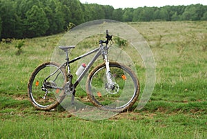 Dirty mountain bike in the forest. mud on bicycle tires