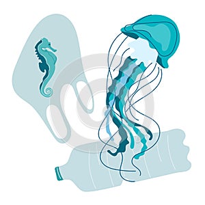 Dirty ocean environment. The animals, fish, jellyfish, sea horse swim with trash, plastic bottle, plastic bag. Vector