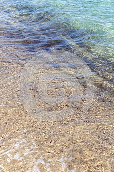 dirty ocean shore water with algae and micro plastics