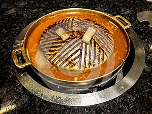 Dirty oily used brass grill fried pan