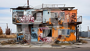 Dirty, old, abandoned building exterior with graffiti and rusty metal generated by AI