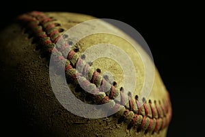Dirty, old baseball with black background.