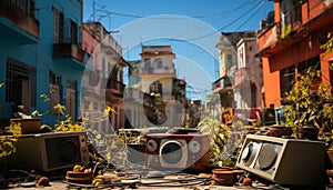 Dirty, old fashioned city street showcases obsolete, run down buildings at dusk generated by AI